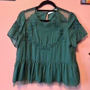 Zara Green Embroidered Sheer Blouse